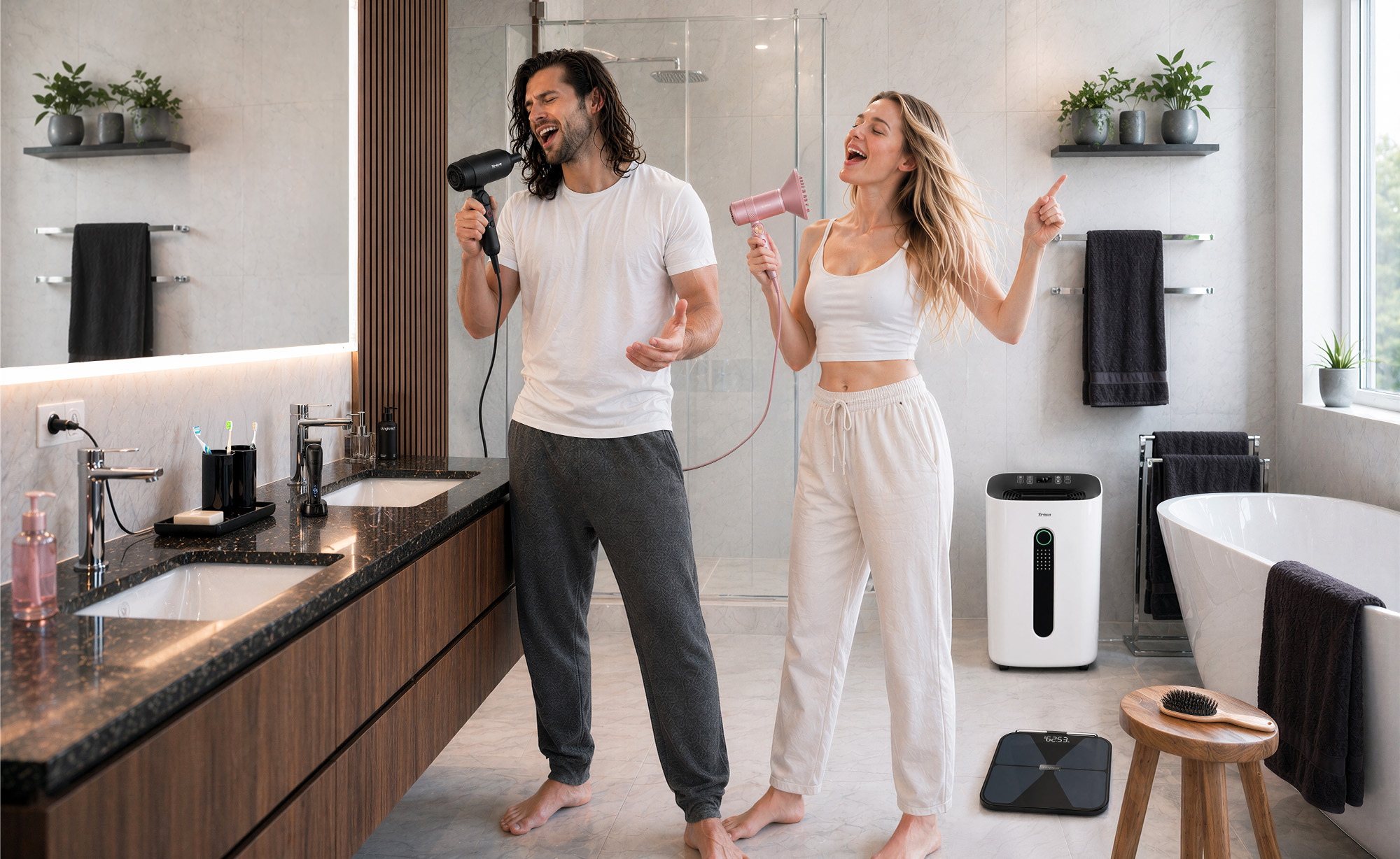 Paar beim Styling im Badezimmer mit Haartrockner, Body Analyse Waage und Luftentfeuchter