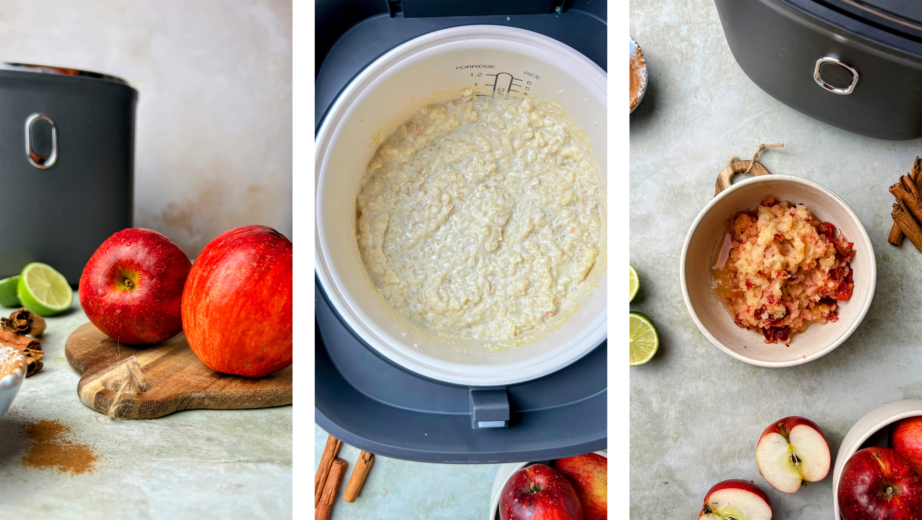 Trois étapes de la préparation du riz au lait dans un cuiseur à riz : ingrédients avec pommes, riz au lait crémeux dans l’appareil et garniture de pommes fraîche.