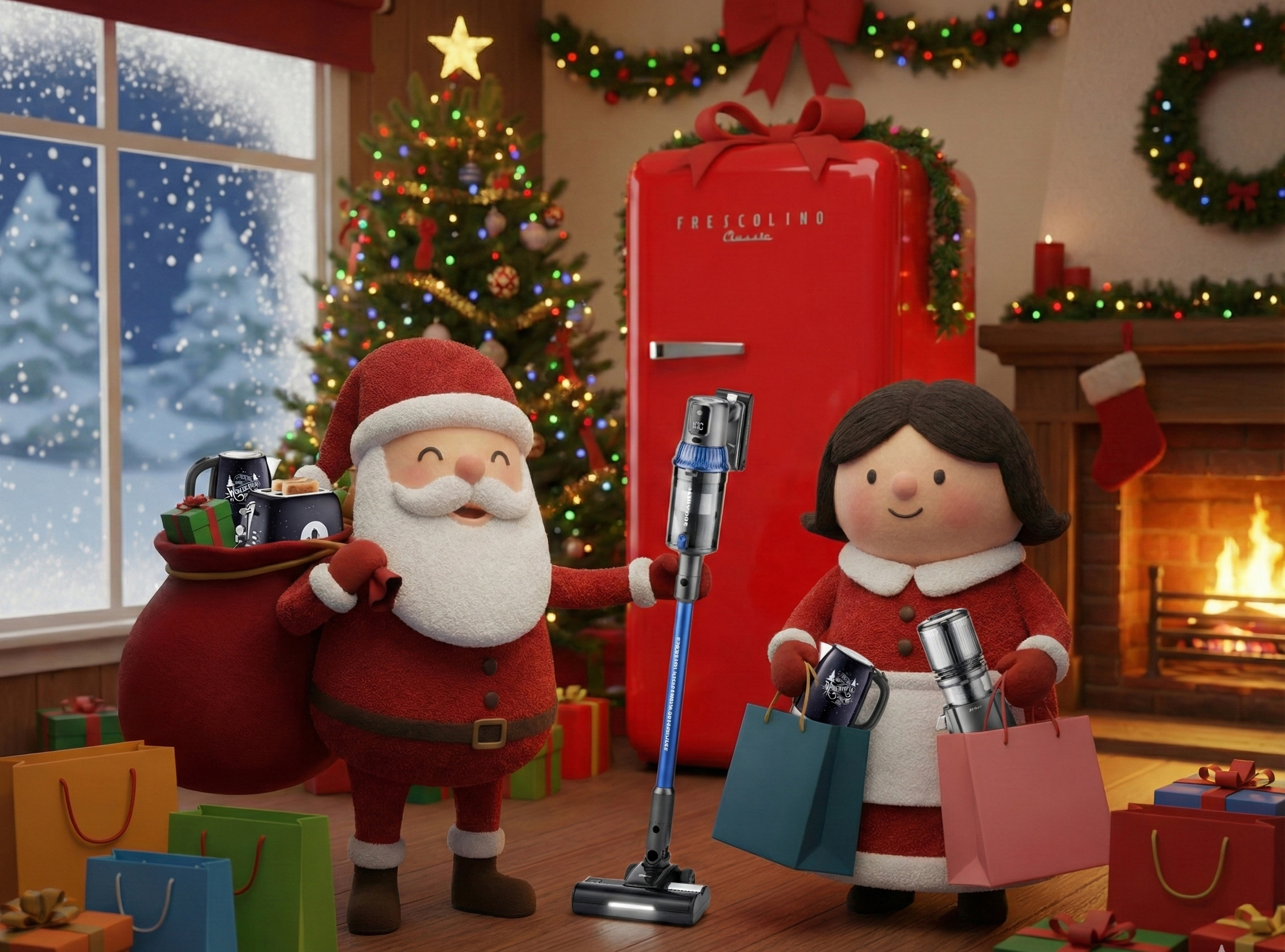 Babbo Natale e Mrs. Claus consegnano regali davanti a un soggiorno decorato in stile natalizio con elettrodomestici.