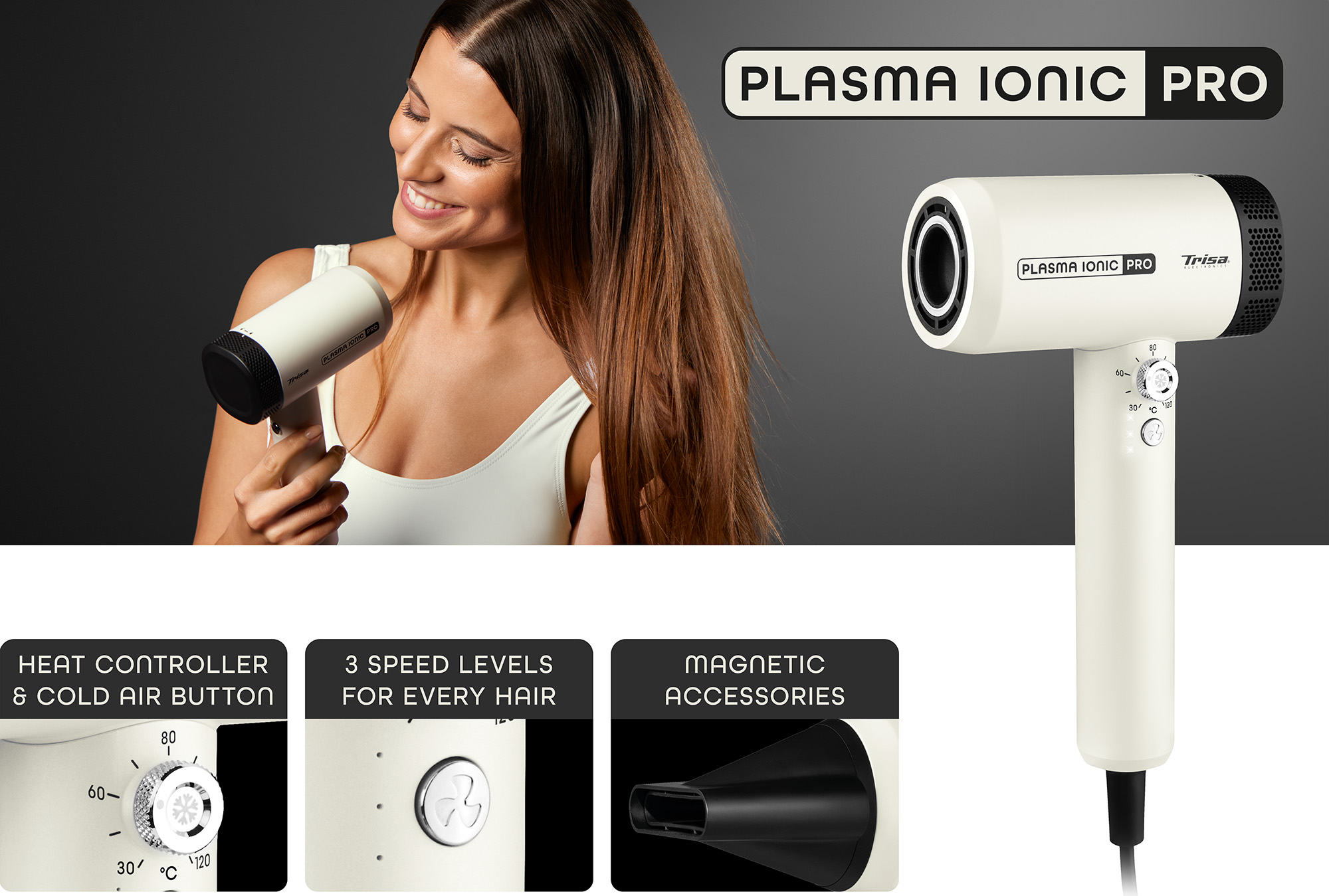 Trisa Plasma Ionic Pro Frau mit weissem Haartrockner