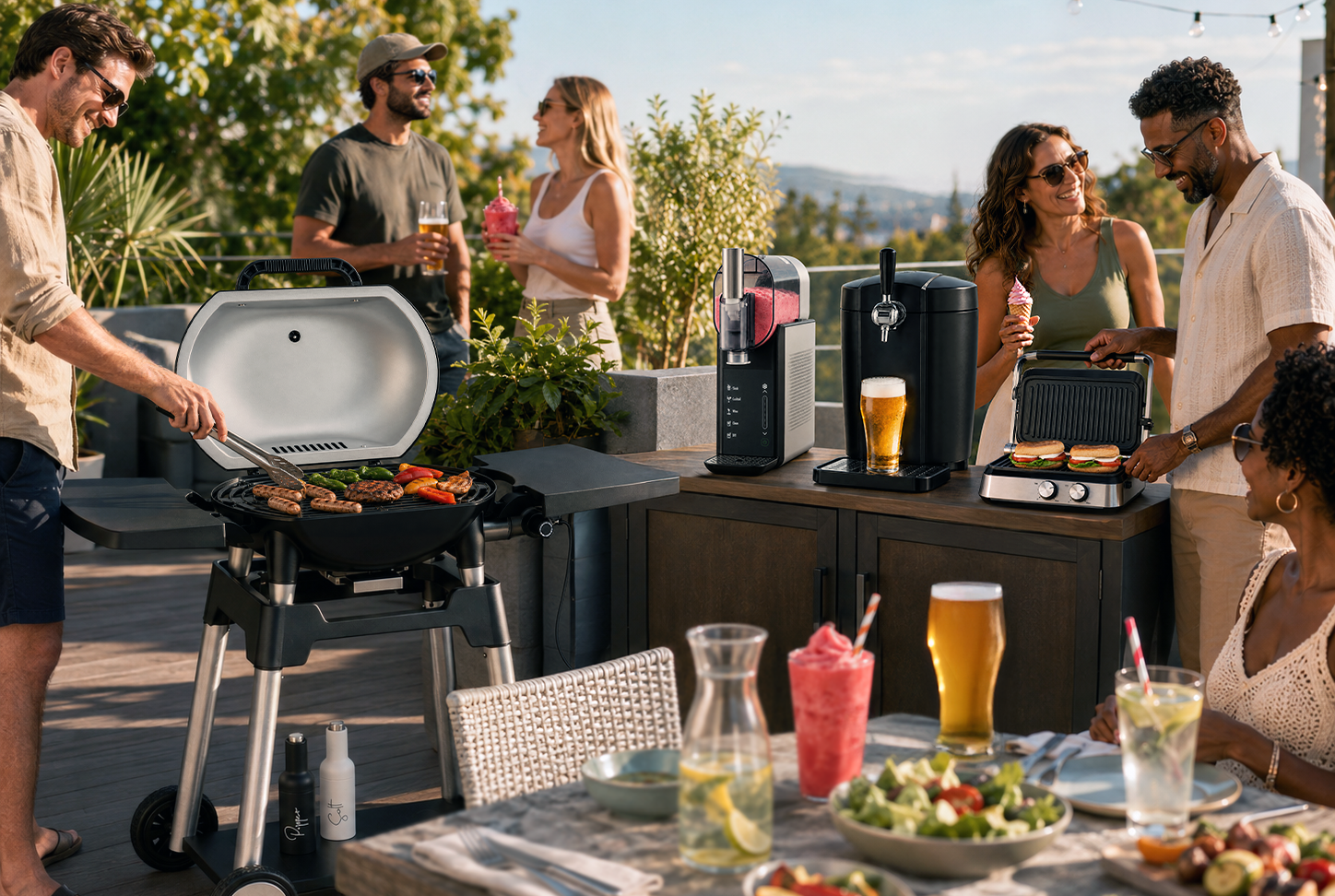 Sommerliche Terrassenszene mit Freunden, Grill, Getränken und Trisa Electronics Geräten.