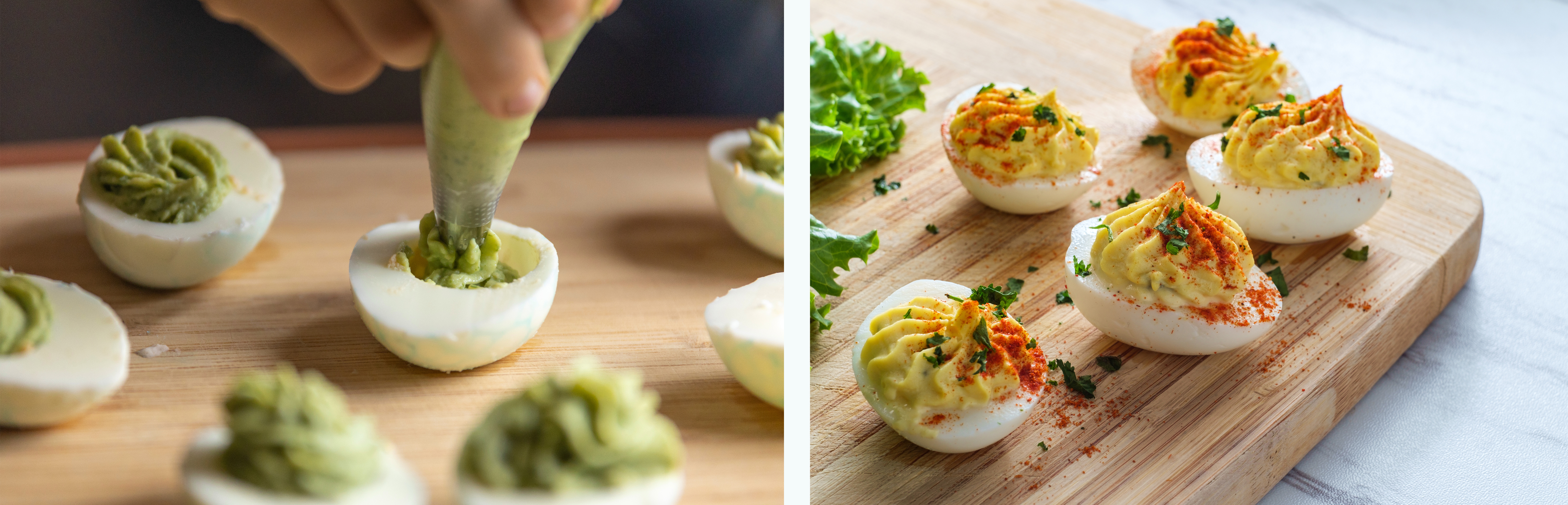 Gefüllte Eier werden mit Creme dekoriert auf Holzbrett angerichtet